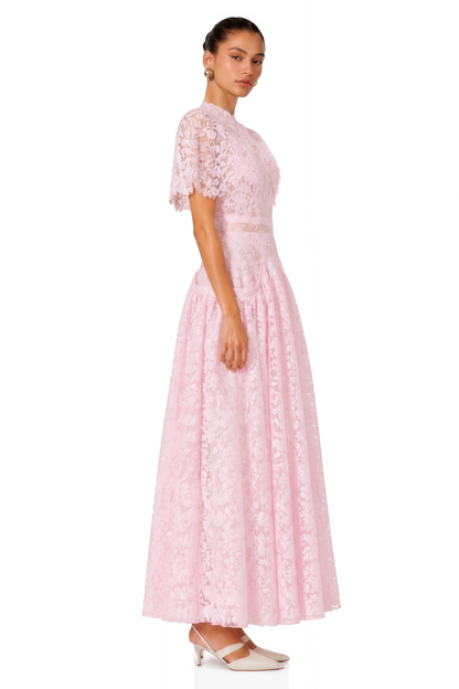 Nela Pink Pleated Maxi Dress with Lace Cape