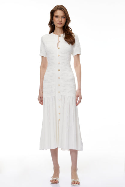 Nephele White Button Down Knit Midi Dress