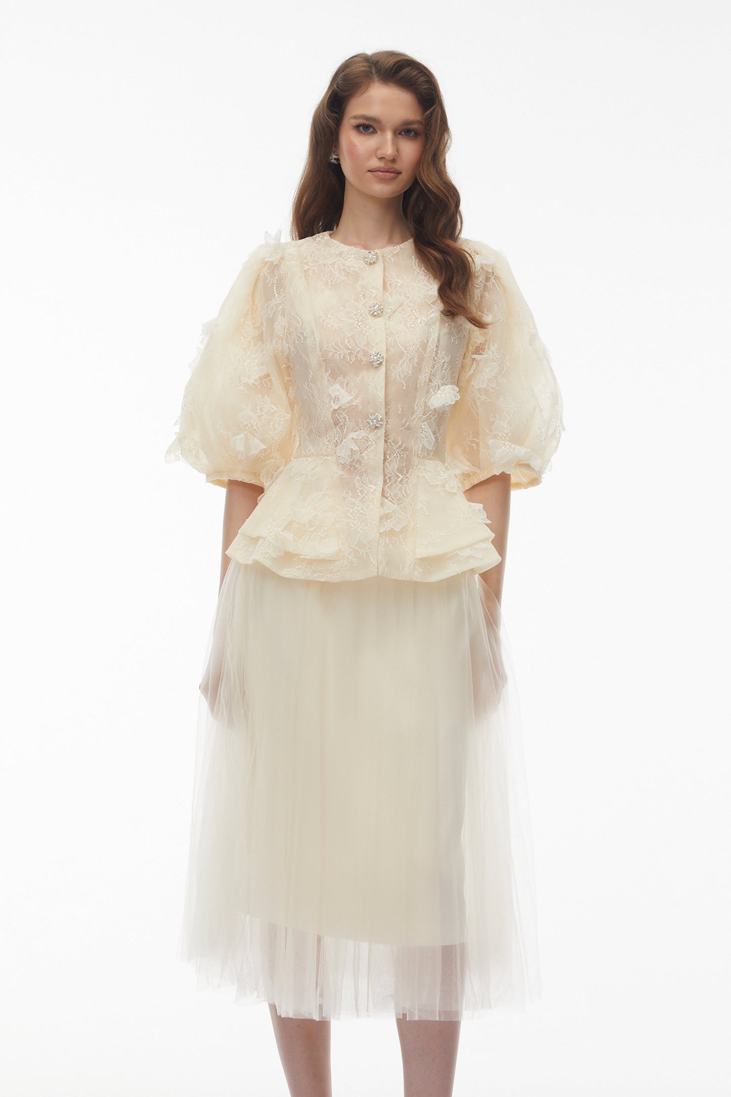 Neta Neutral Lace Blouse with 3D Petals