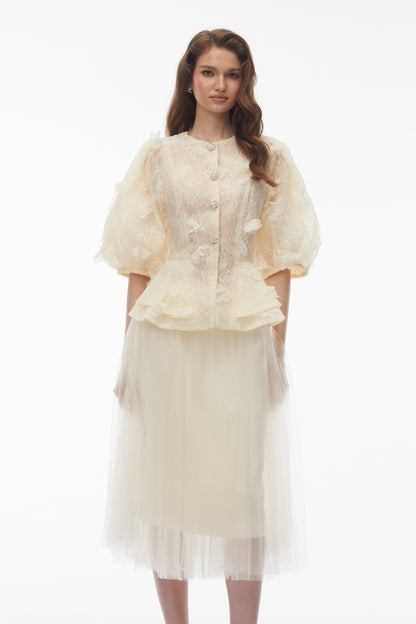 Neta Neutral Lace Blouse with 3D Petals