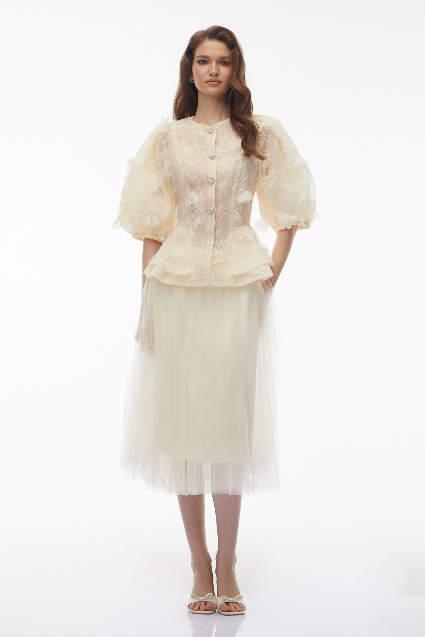 Neta Neutral Lace Blouse with 3D Petals