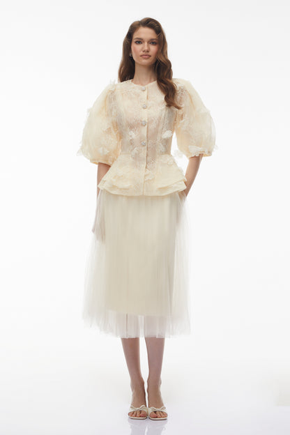 Neta Neutral Lace Blouse with 3D Petals