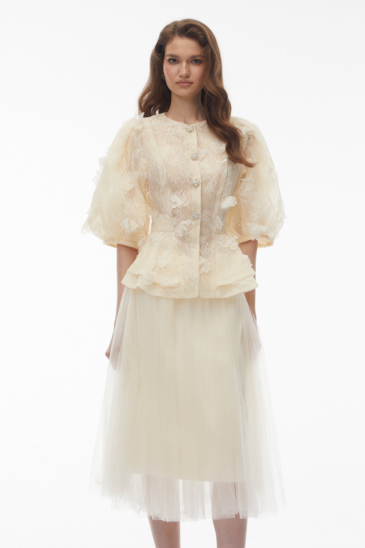 Neta Neutral Lace Blouse with 3D Petals