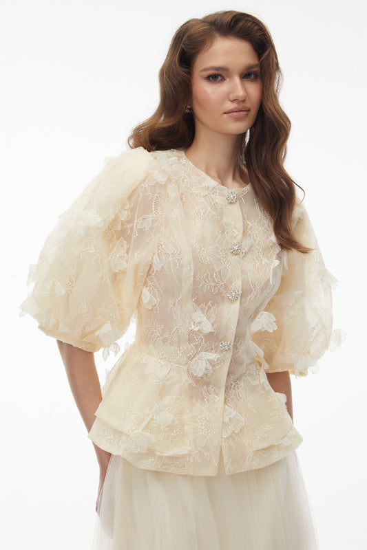 Neta Neutral Lace Blouse with 3D Petals
