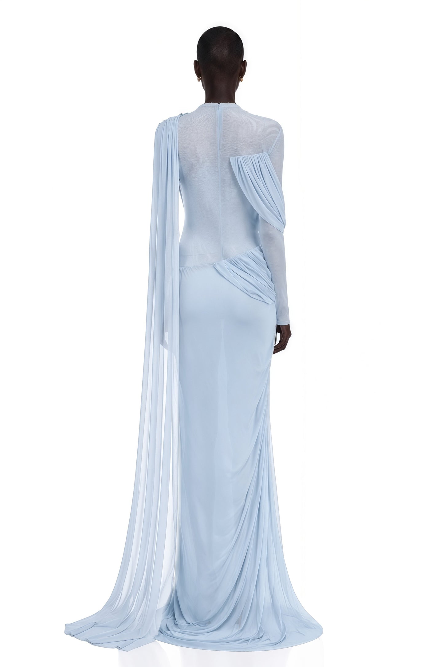 Newton Blue Asymmetrical Ribbon Ruched Maxi Dress