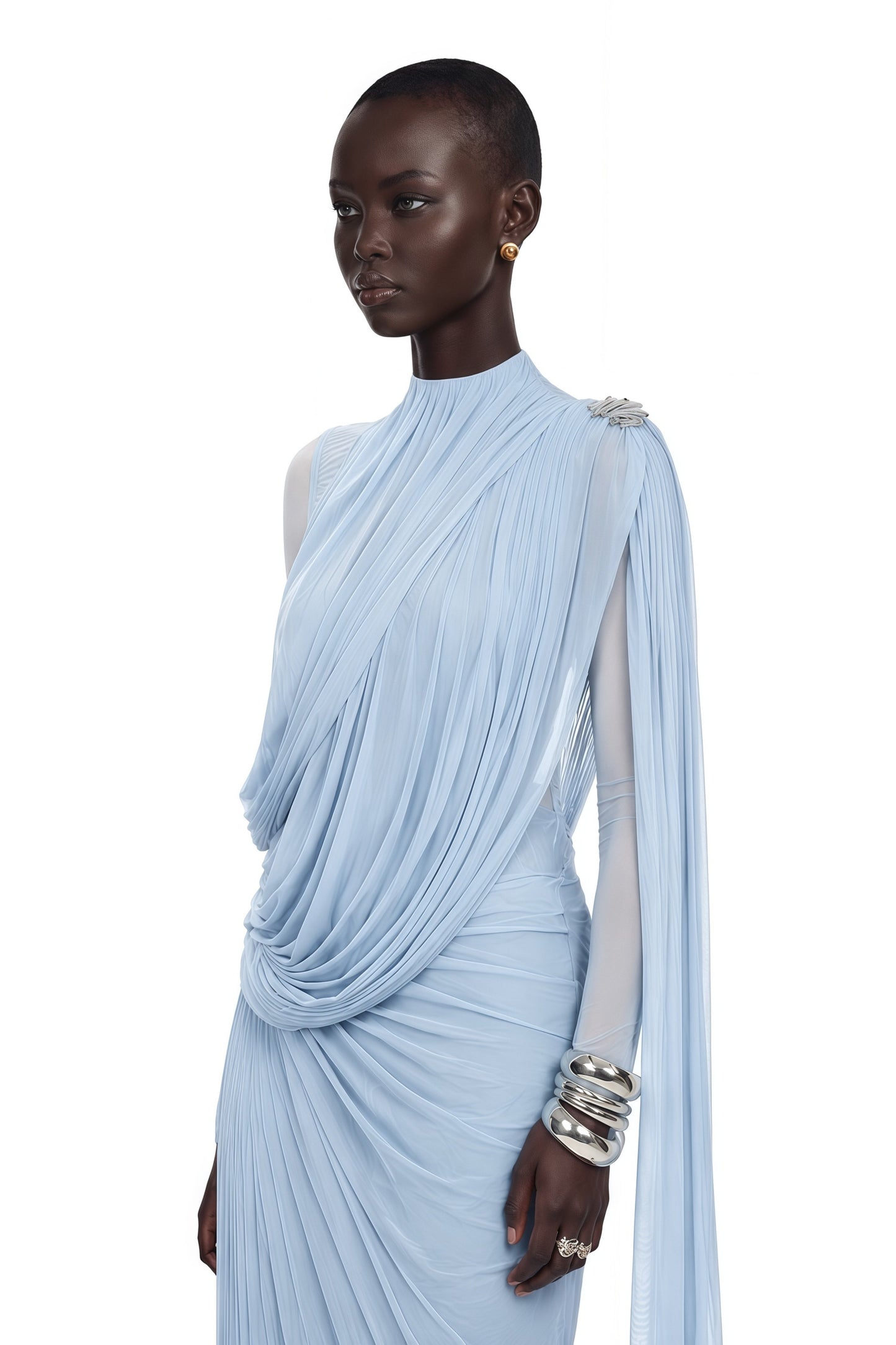 Newton Blue Asymmetrical Ribbon Ruched Maxi Dress