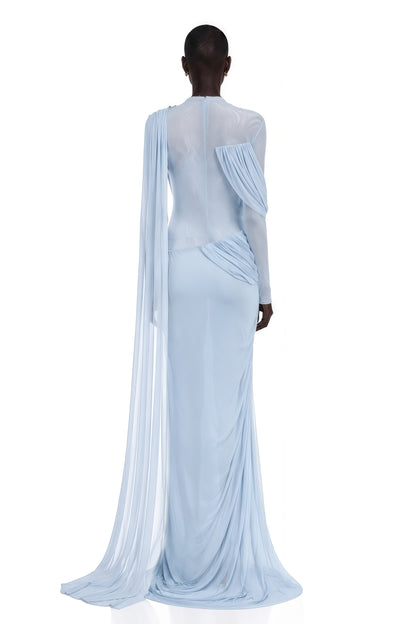 Newton Blue Asymmetrical Ribbon Ruched Maxi Dress