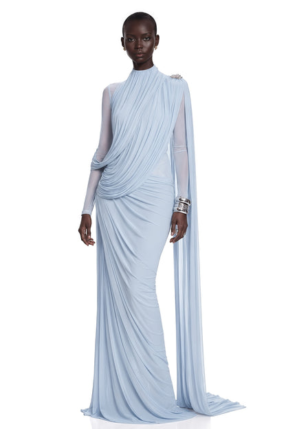Newton Blue Asymmetrical Ribbon Ruched Maxi Dress
