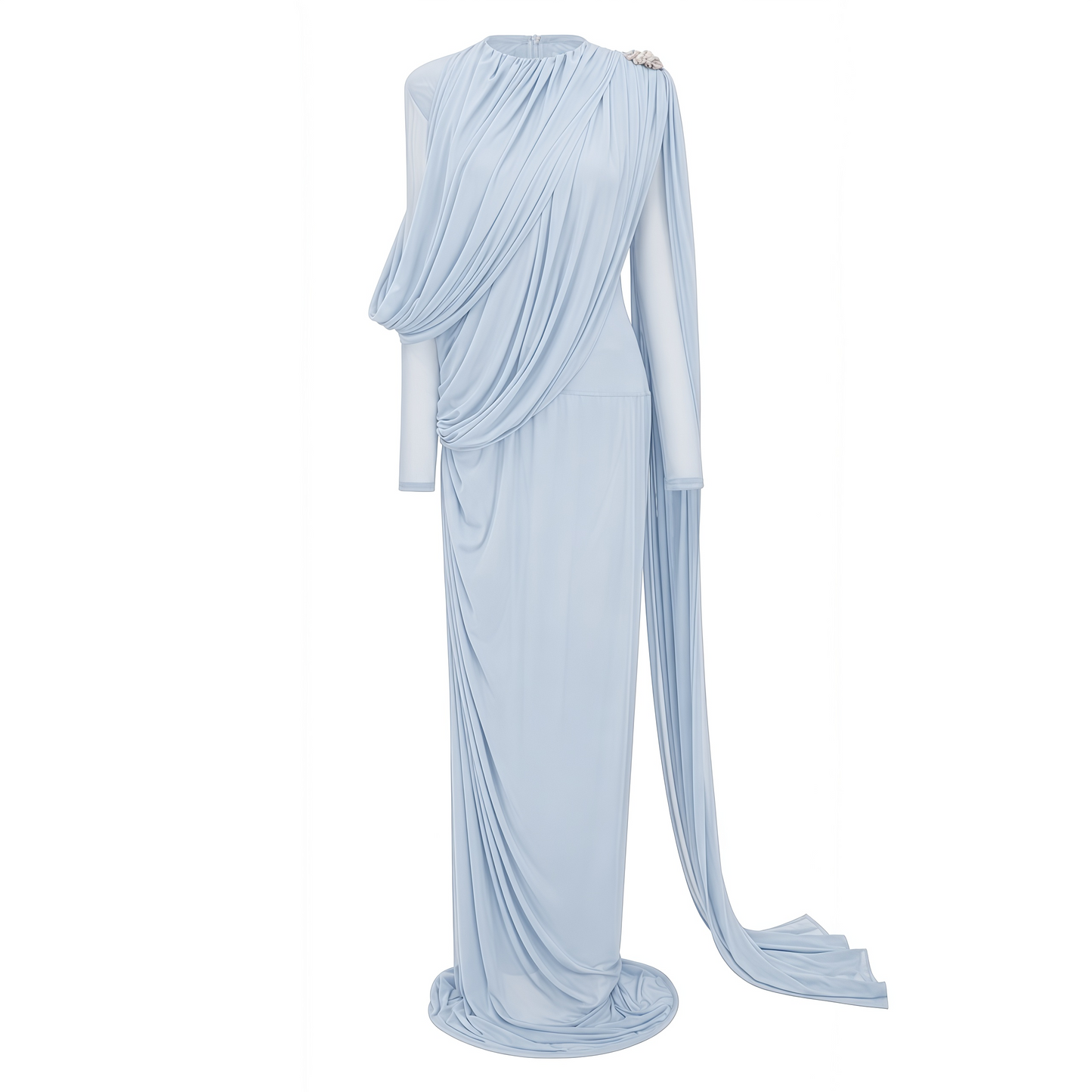 Newton Blue Asymmetrical Ribbon Ruched Maxi Dress