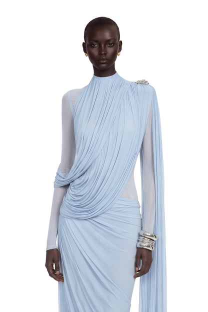 Newton Blue Asymmetrical Ribbon Ruched Maxi Dress