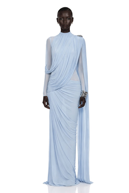 Newton Blue Asymmetrical Ribbon Ruched Maxi Dress