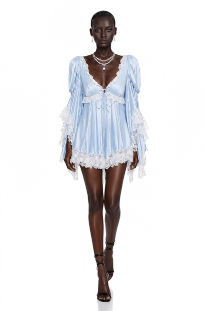 Ngawai Blue Sweetheart Mini Dress with Lace Trim