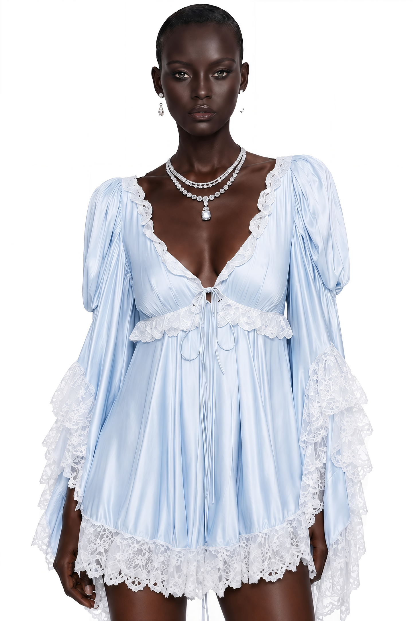 Ngawai Blue Sweetheart Mini Dress with Lace Trim