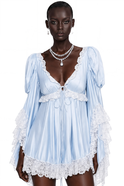 Ngawai Blue Sweetheart Mini Dress with Lace Trim