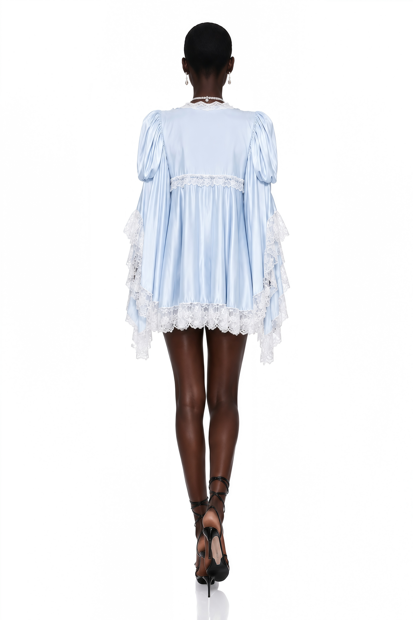 Ngawai Blue Sweetheart Mini Dress with Lace Trim