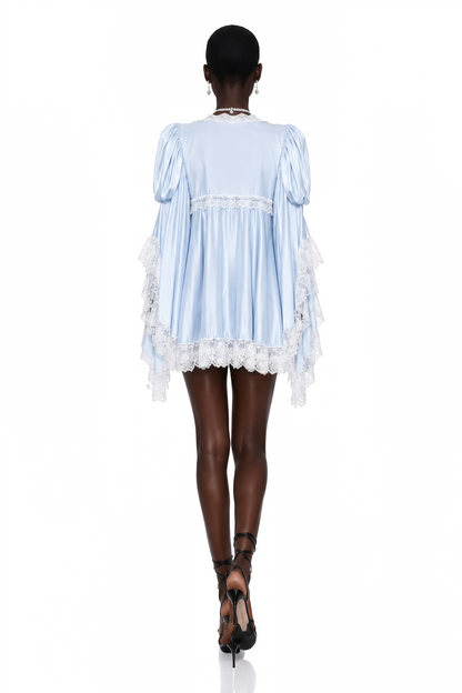 Ngawai Blue Sweetheart Mini Dress with Lace Trim