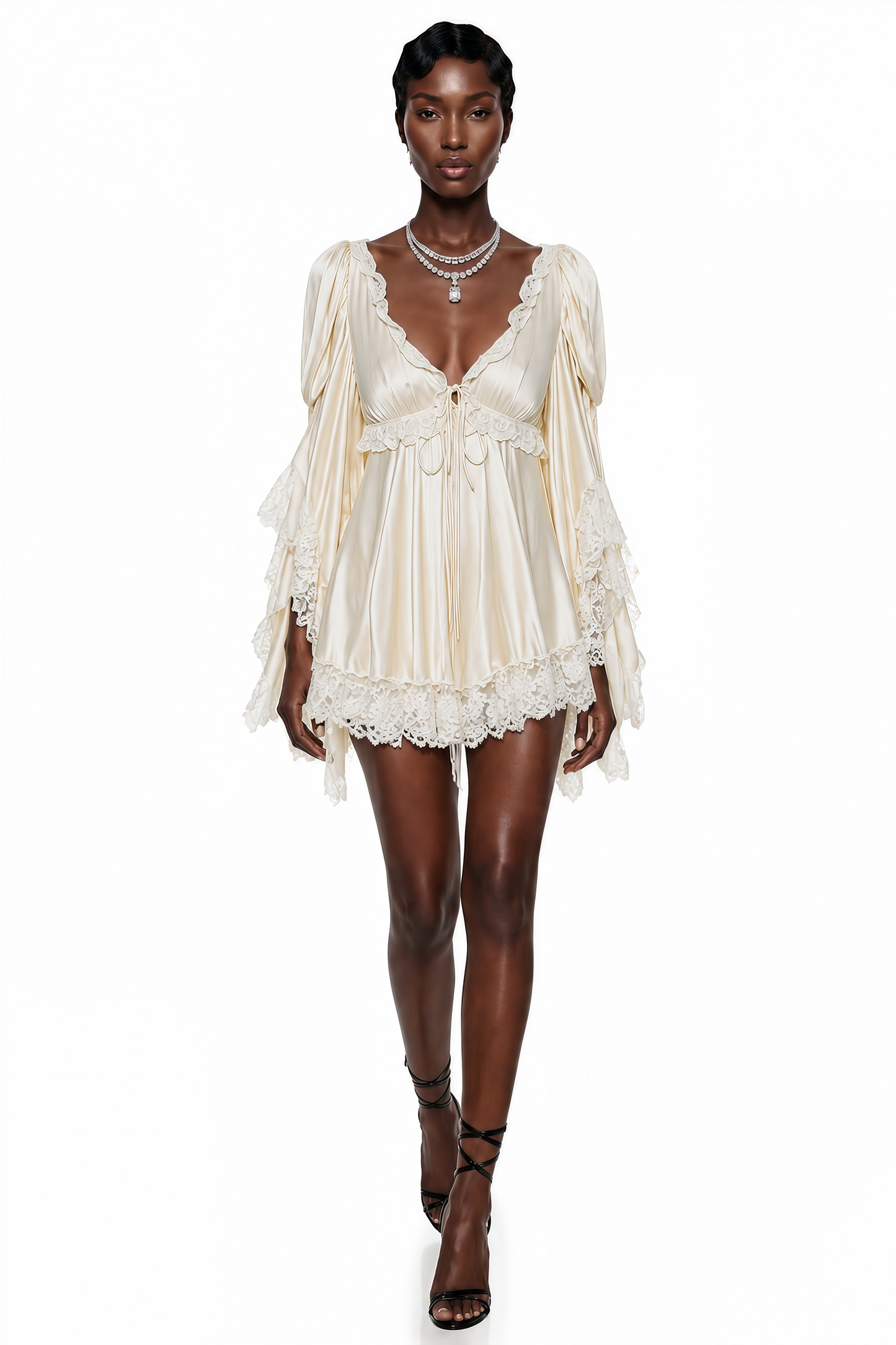 Ngawai Champagne Sweetheart Mini Dress with Lace Trim