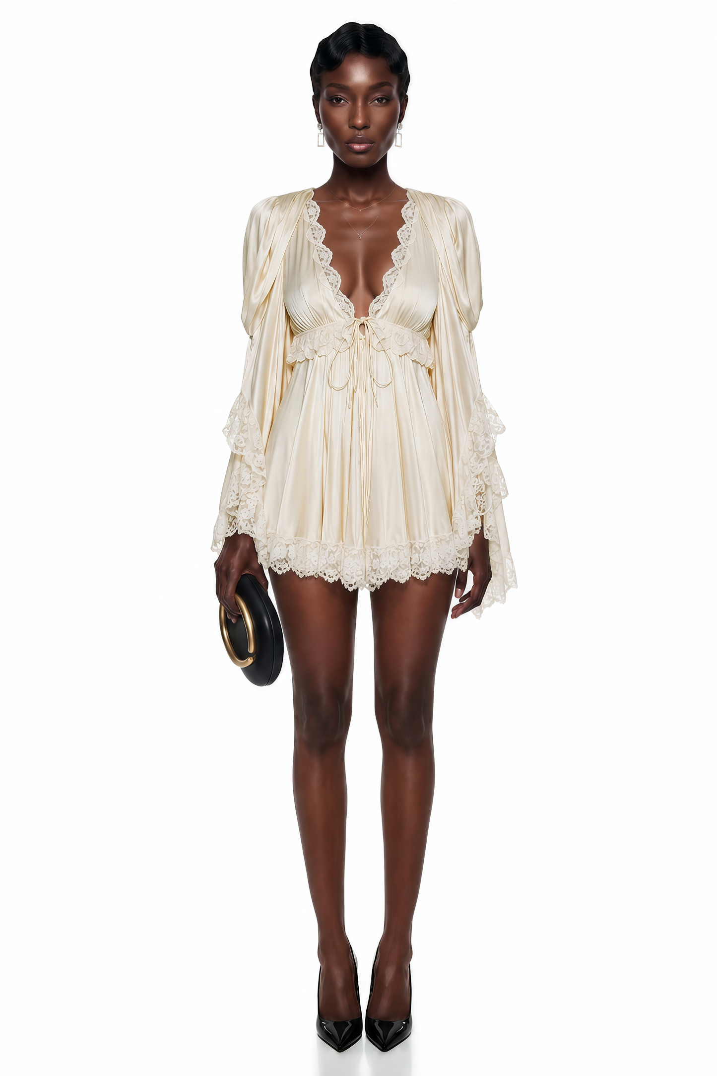 Ngawai Champagne Sweetheart Mini Dress with Lace Trim