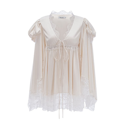 Ngawai Champagne Sweetheart Mini Dress with Lace Trim