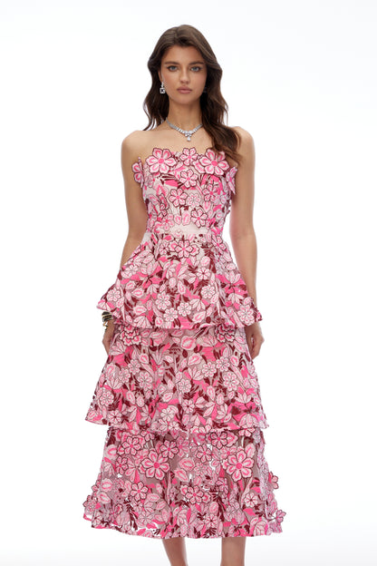 Viviana Pink Tiered Midi Dress with 3D Florals