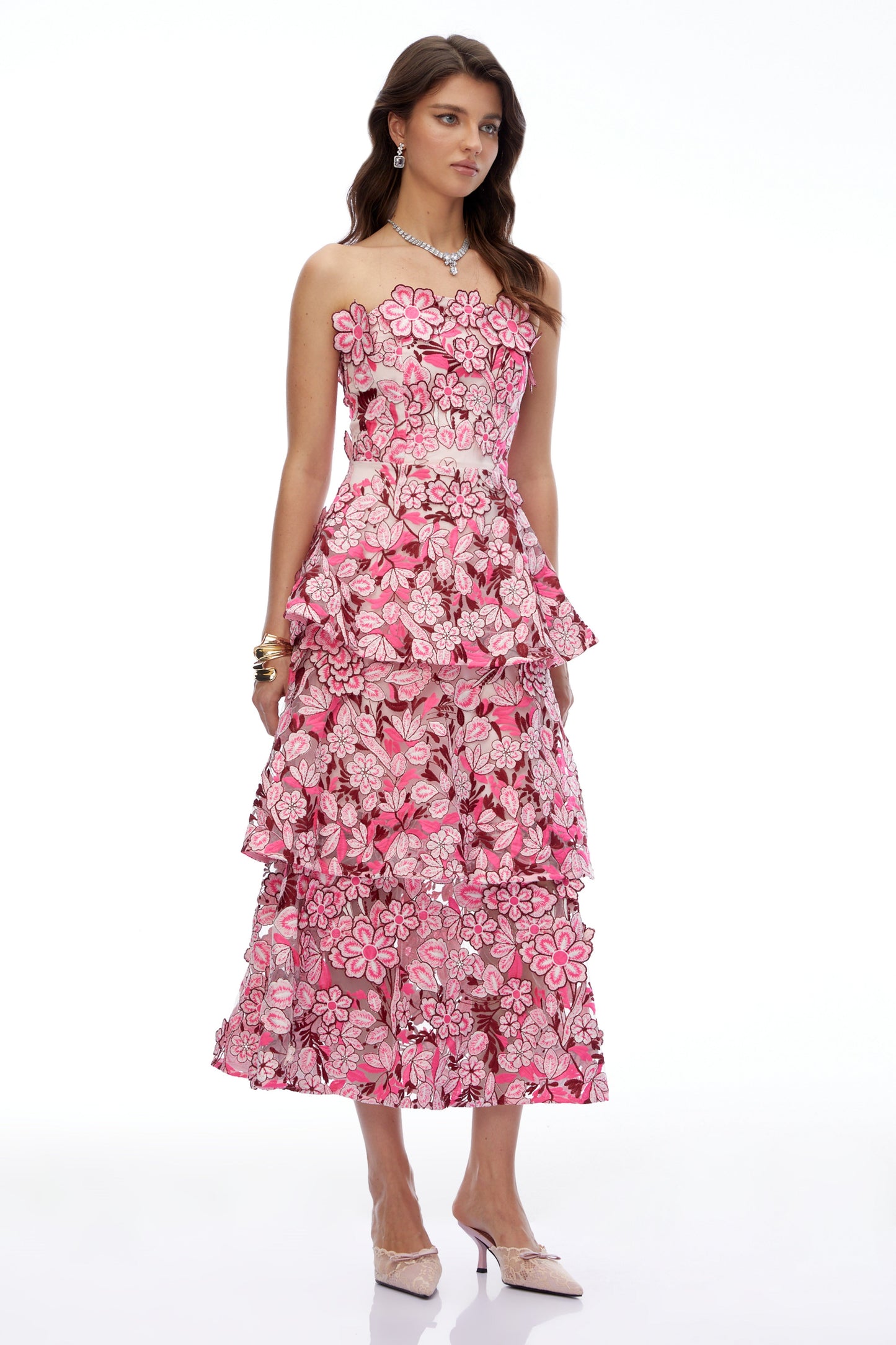 Viviana Pink Tiered Midi Dress with 3D Florals