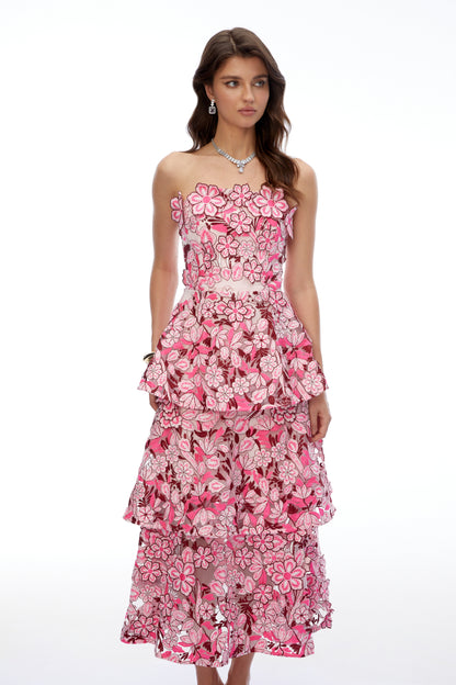 Viviana Pink Tiered Midi Dress with 3D Florals