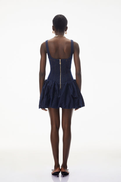Niloufar Dark Blue Puffball Denim Mini Dress