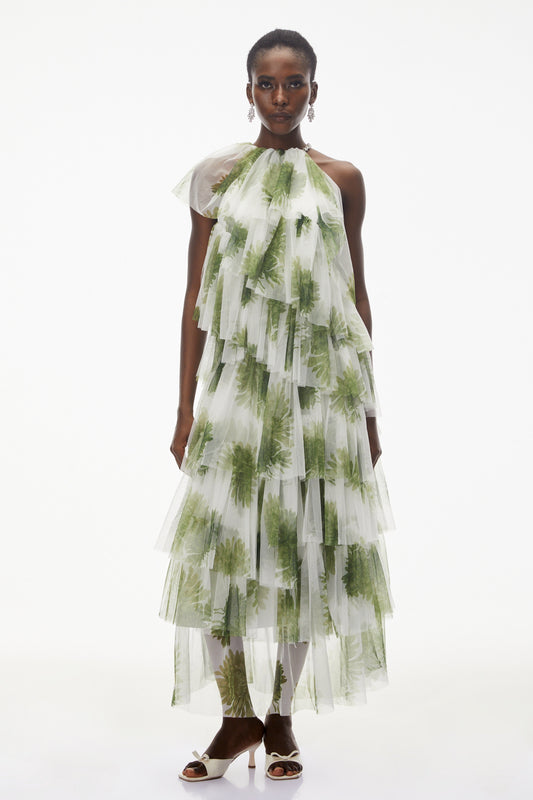 Nitzan Green Printed Tiered Maxi Dress with Sheer Overlay