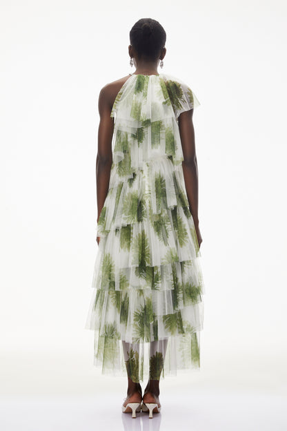 Nitzan Green Printed Tiered Maxi Dress with Sheer Overlay