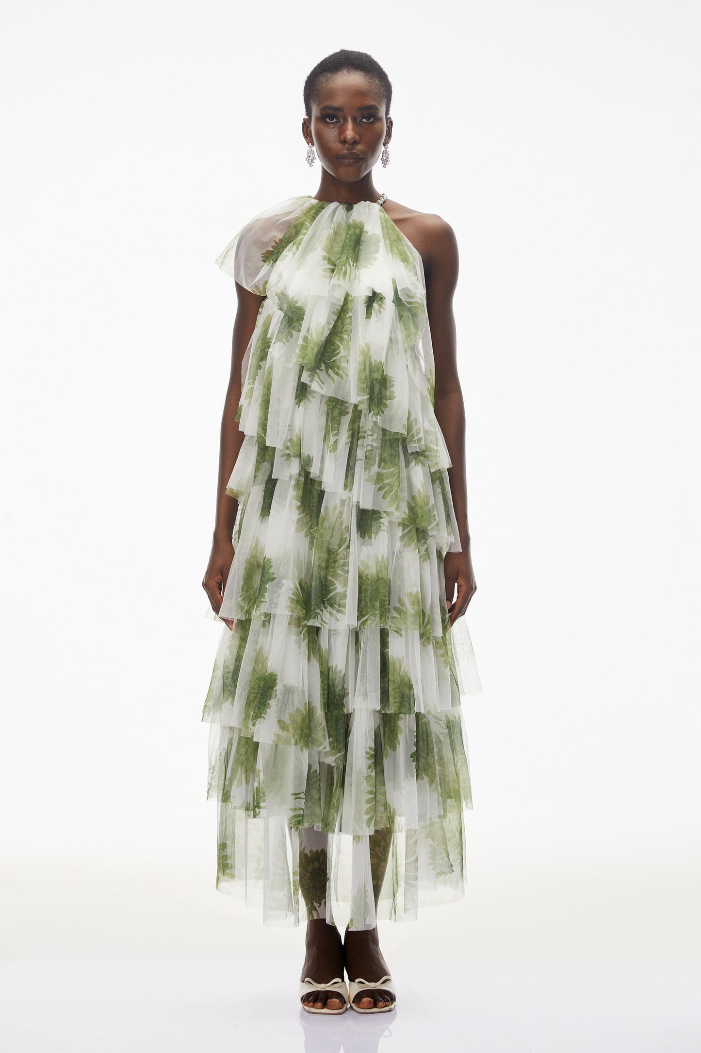 Nitzan Green Printed Tiered Maxi Dress with Sheer Overlay