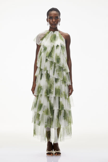 Nitzan Green Printed Tiered Maxi Dress with Sheer Overlay