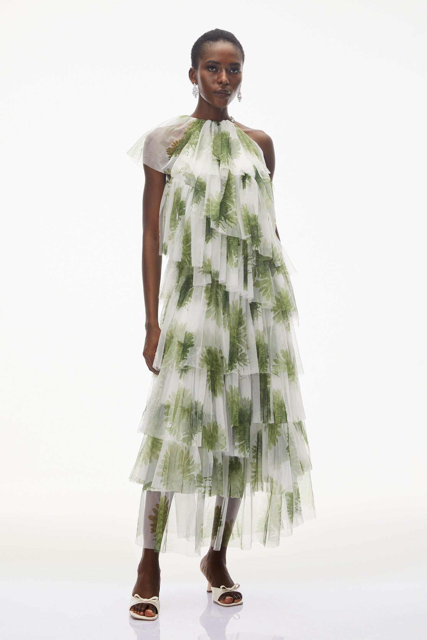 Nitzan Green Printed Tiered Maxi Dress with Sheer Overlay