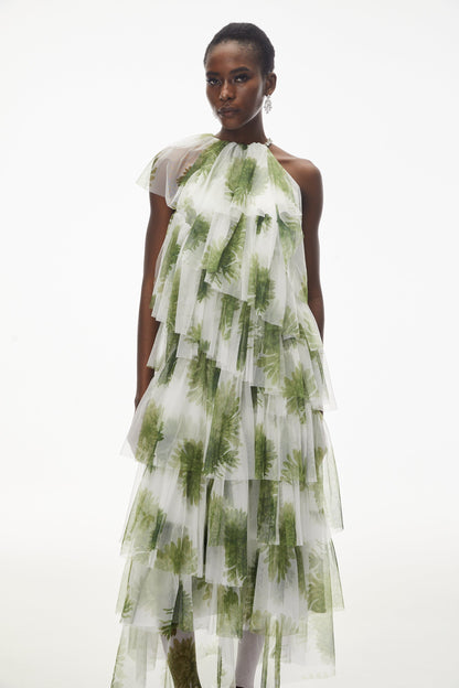 Nitzan Green Printed Tiered Maxi Dress with Sheer Overlay