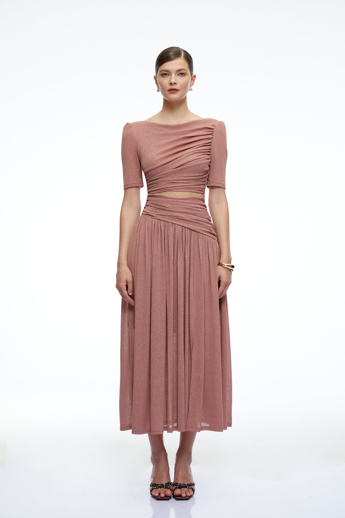 Nolwenn Dekolteli Pembe Dantelli Maxi Elbise