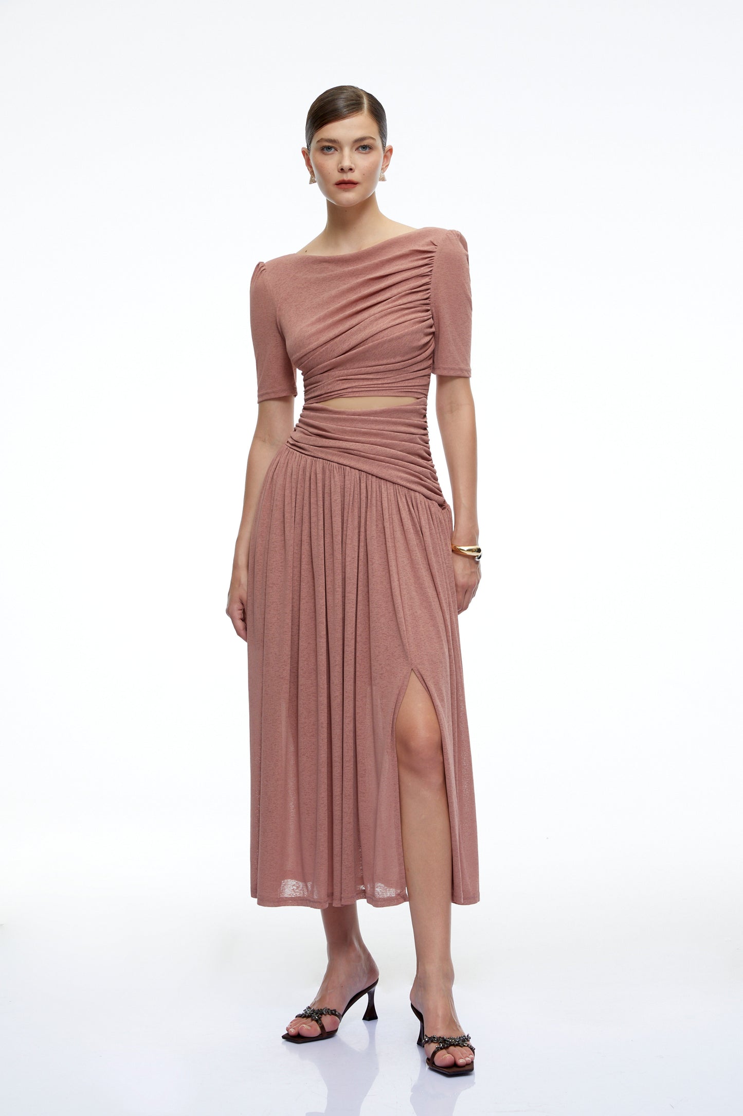 Nolwenn Dekolteli Pembe Dantelli Maxi Elbise
