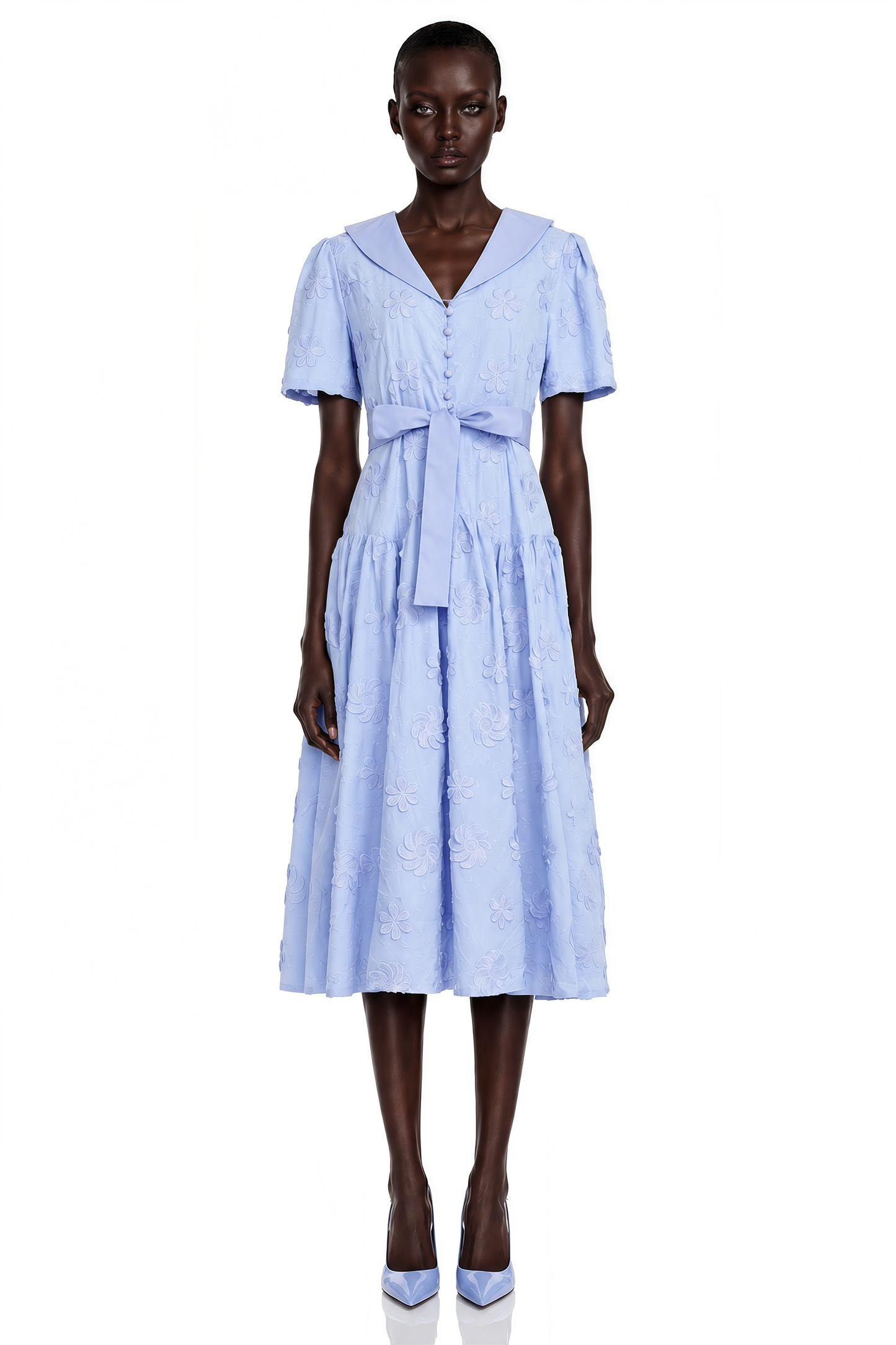 Norma Light Blue Pleated Maxi Dress with Lapel Collar