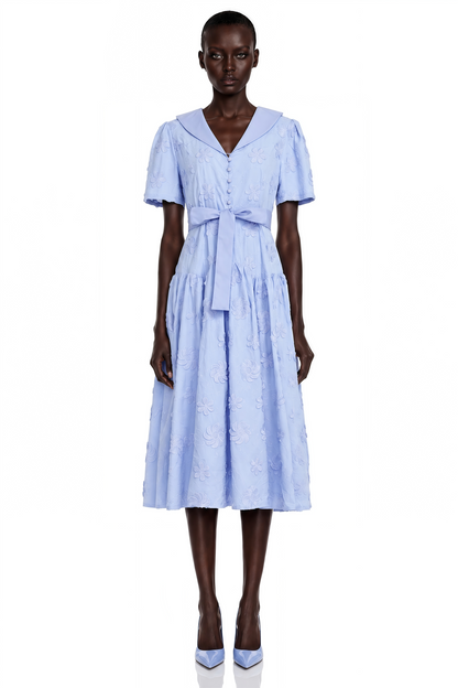 Norma Light Blue Pleated Maxi Dress with Lapel Collar