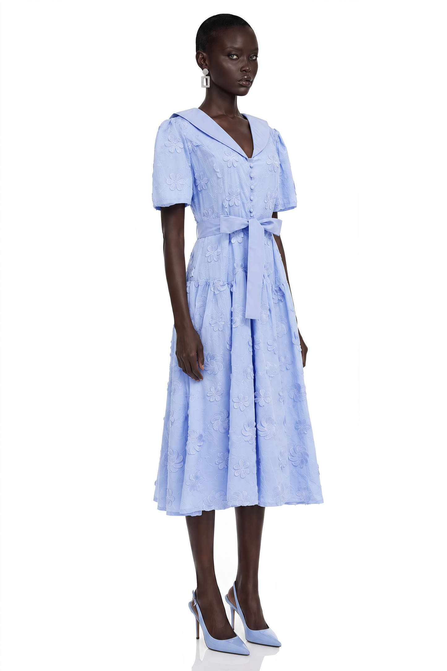 Norma Light Blue Pleated Maxi Dress with Lapel Collar