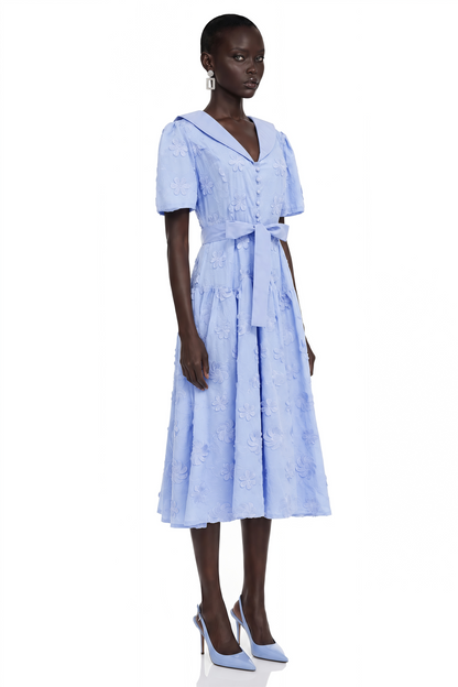 Norma Light Blue Pleated Maxi Dress with Lapel Collar