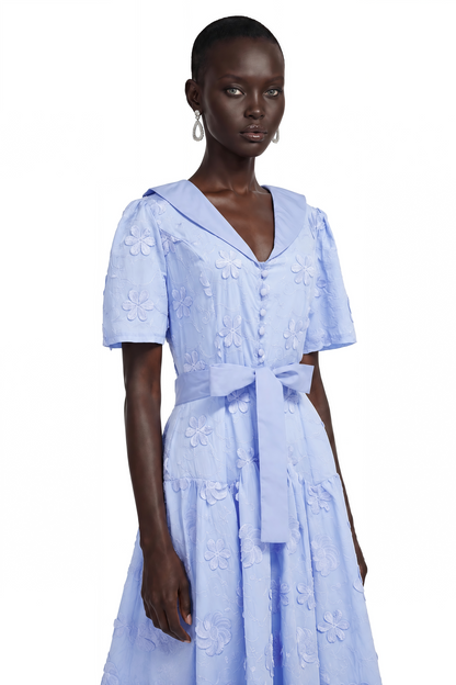 Norma Light Blue Pleated Maxi Dress with Lapel Collar