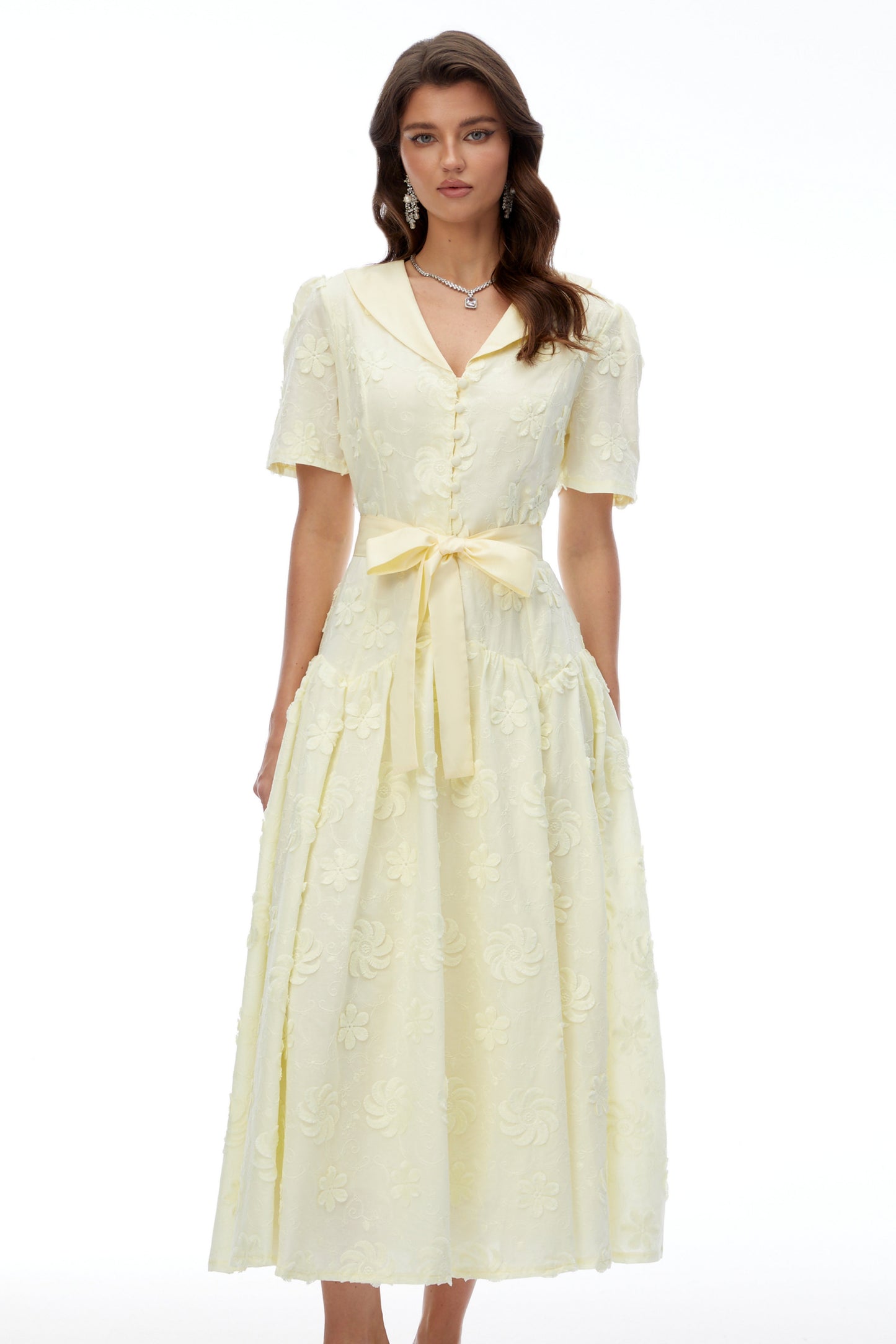 Norma Pale Yellow Pleated Maxi Dress with Lapel Collar