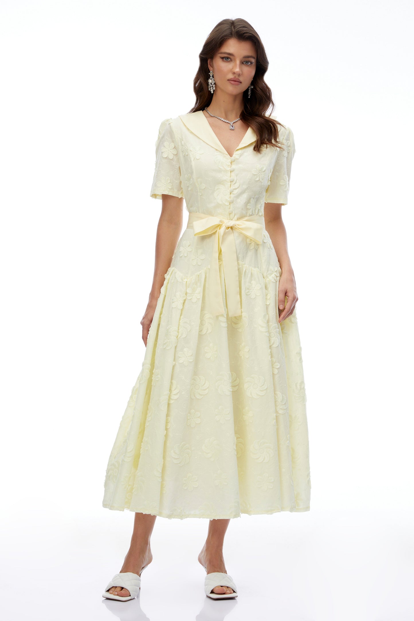 Norma Pale Yellow Pleated Maxi Dress with Lapel Collar