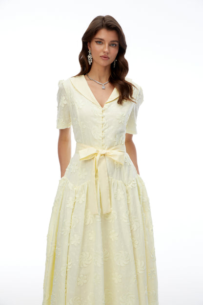 Norma Pale Yellow Pleated Maxi Dress with Lapel Collar