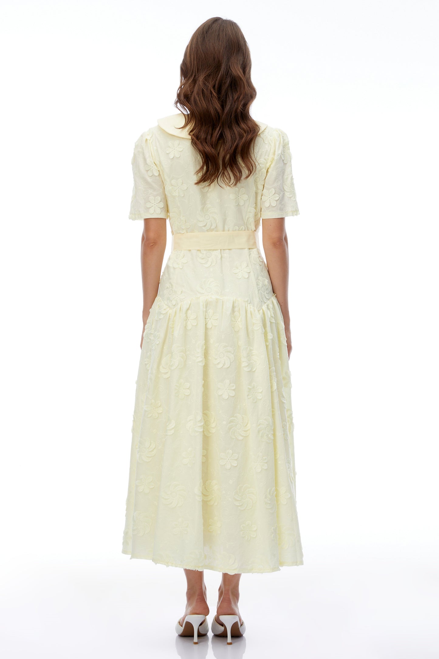 Norma Pale Yellow Pleated Maxi Dress with Lapel Collar