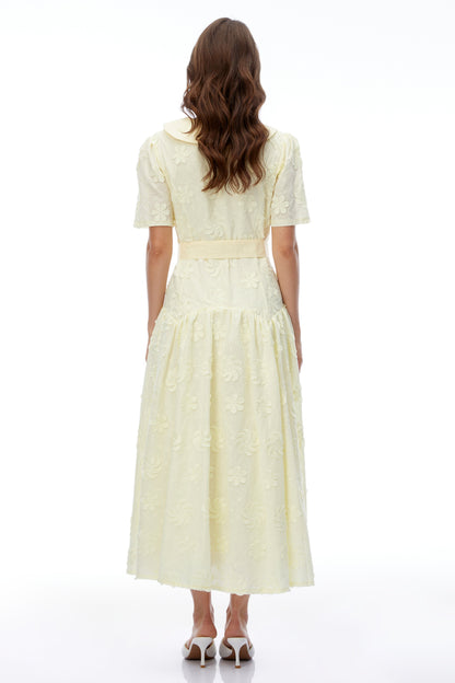 Norma Pale Yellow Pleated Maxi Dress with Lapel Collar