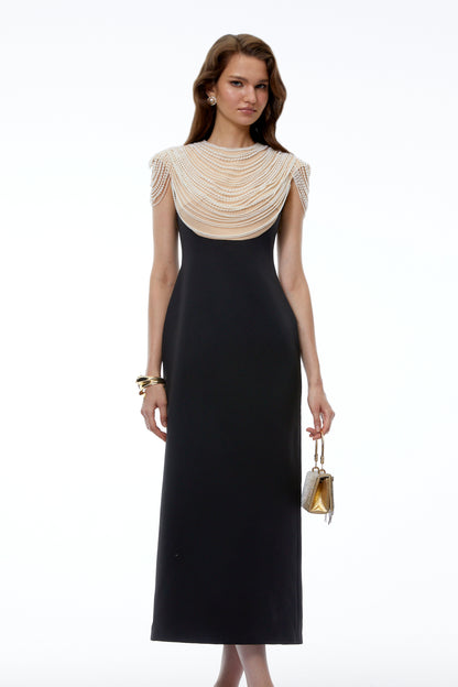 Nova Black Midi Dress with Pearl Chain Panels
