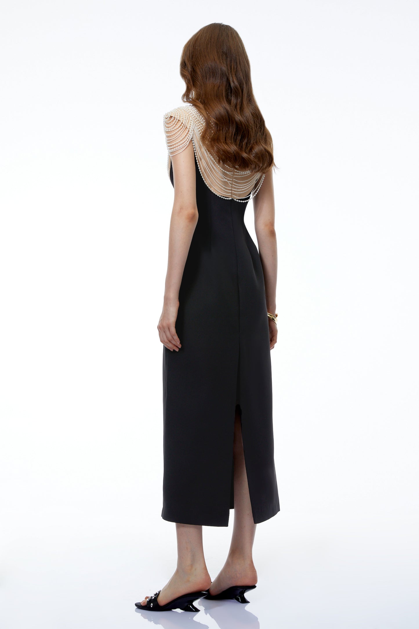 Nova Black Midi Dress with Pearl Chain Panels