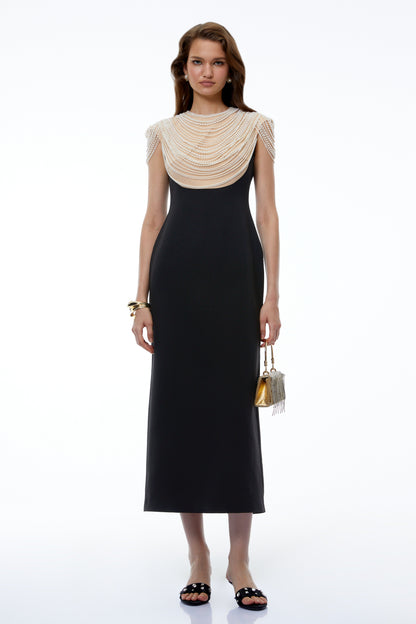 Nova Black Midi Dress with Pearl Chain Panels