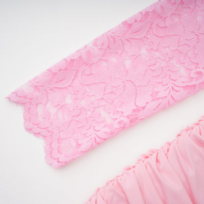 Nuria Pink Ribbon Detail Floral Lace Midi Dress