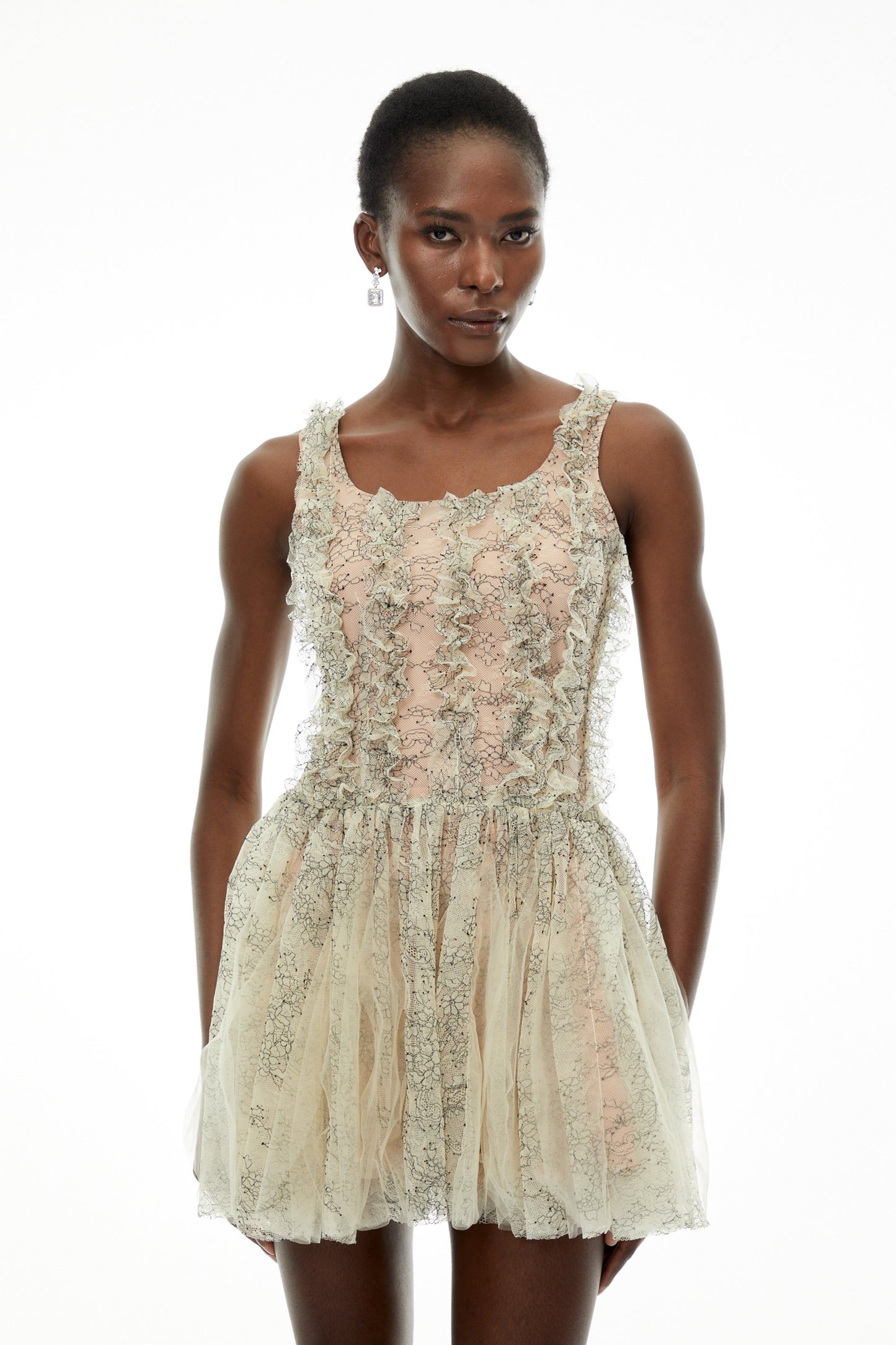 Octavia Green Ruched Mini Dress with Mesh Panels